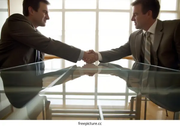 Two businessmen shaking hands over a glass table