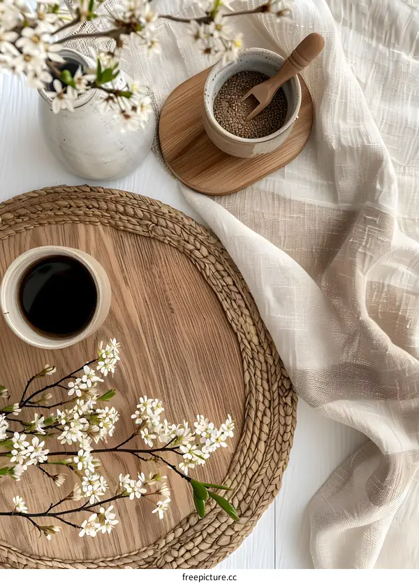 Wooden Tray with Coffee Cup and White Flowers