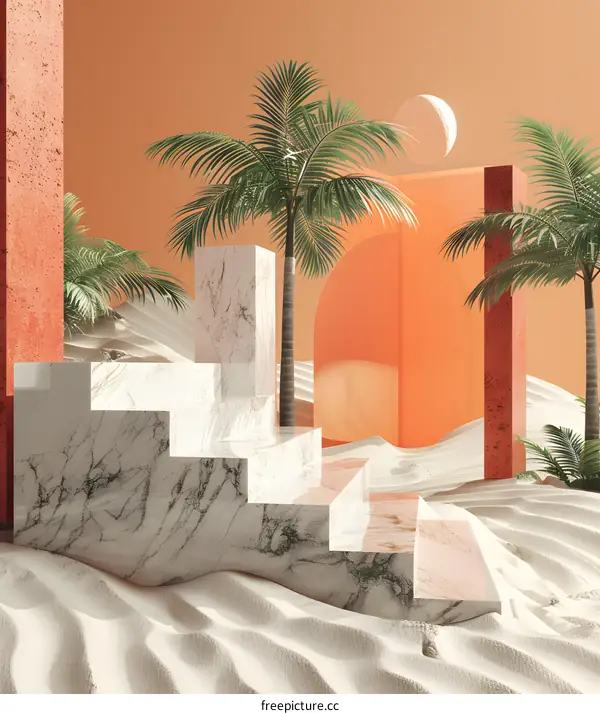 Minimalist 3D Render of Marble Stairs in a Desert Landscape with Palm Trees