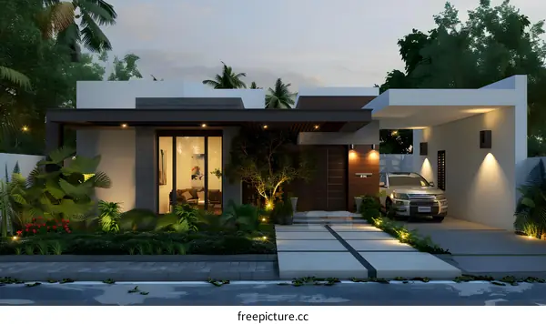 Modern Tropical House Exterior Design with Car