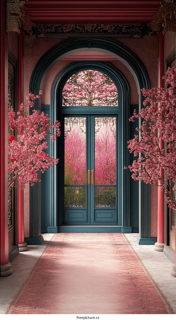 Elegant Chinese Entrance Hall with Cherry Blossoms