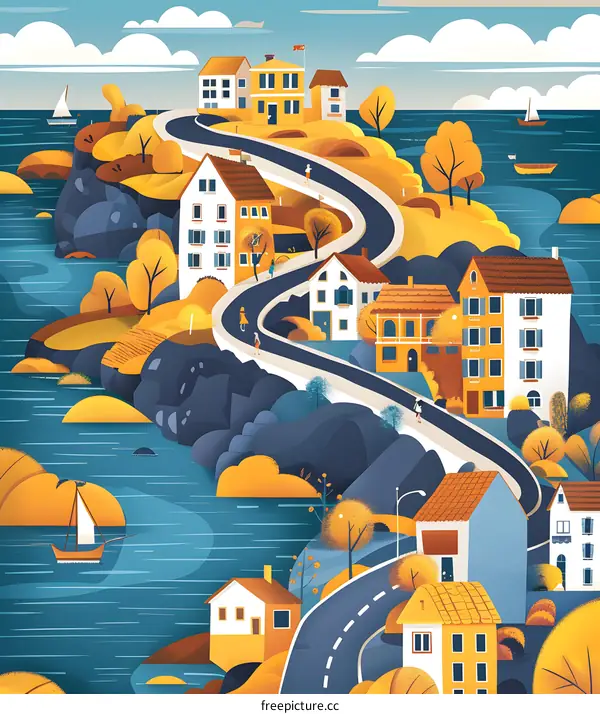 Winding Road and Houses on the Coast