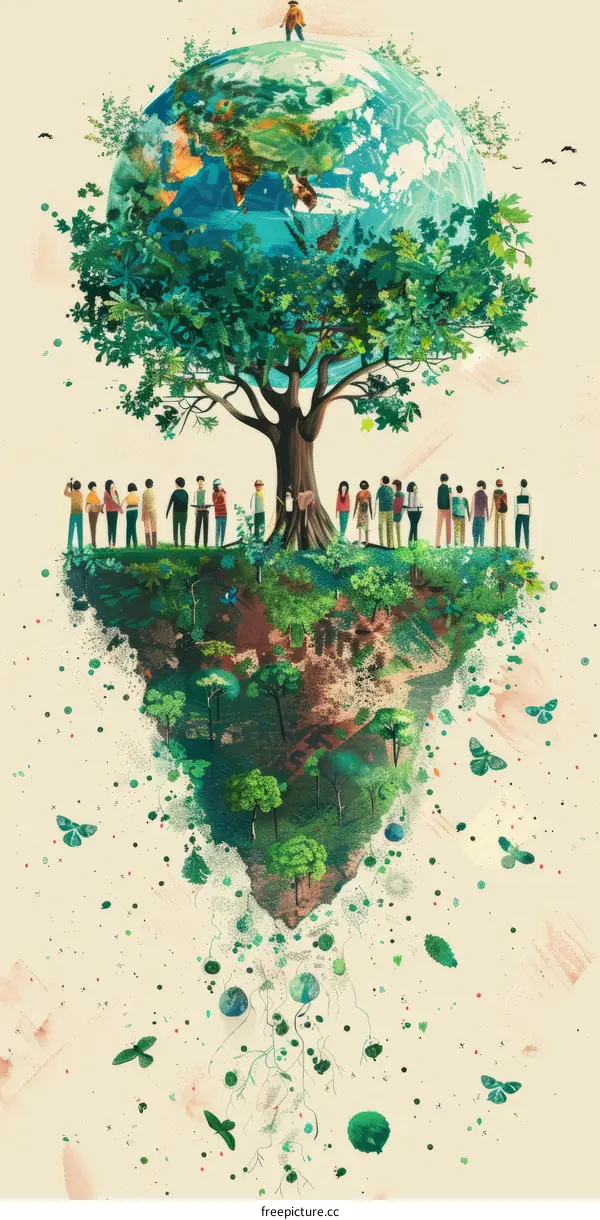 Illustration of people of different ethnicities standing together around a tree with the Earth as its canopy