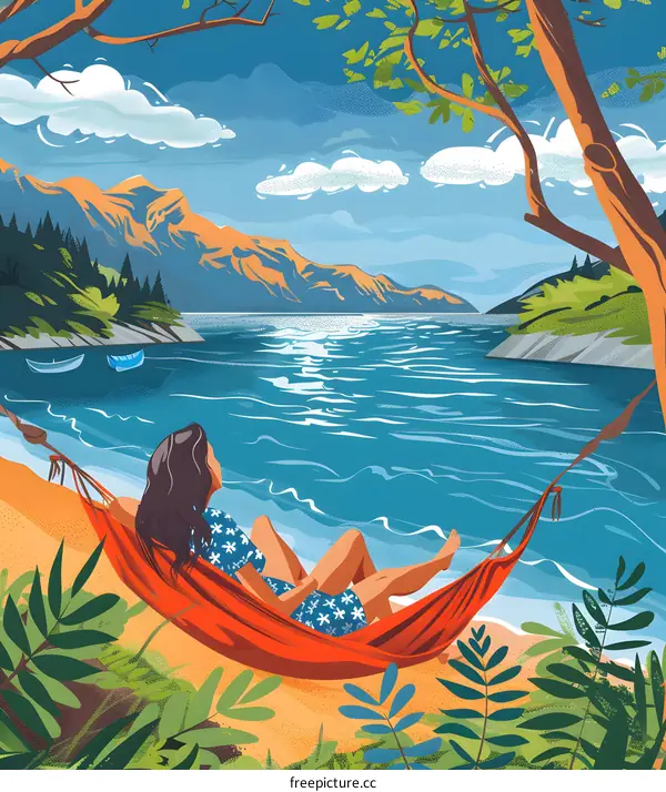 Woman Relaxing in Hammock by Lake with Mountains in Background