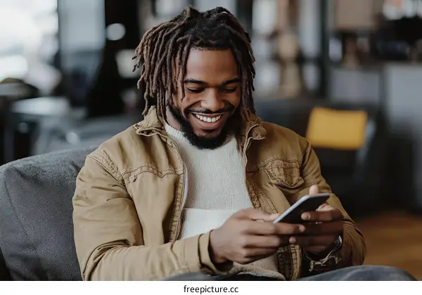 Happy African Man Using Smartphone in Cafe