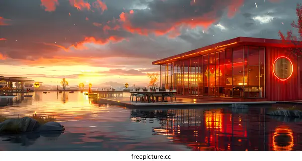 Modern Restaurant with Outdoor Seating and Water Feature at Sunset