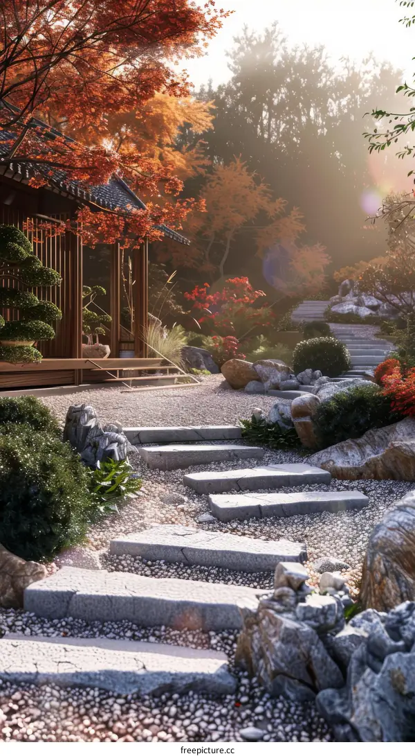 Japanese Zen Garden with Stones and Water