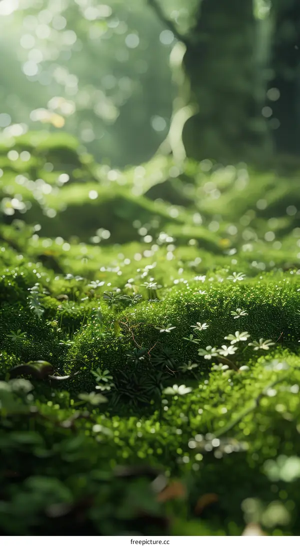Close-up of green moss and white flowers in the forest