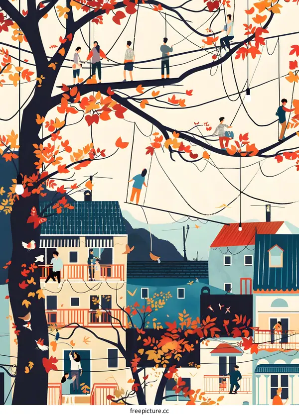 Autumn Illustration with People Walking on Wires and Birds