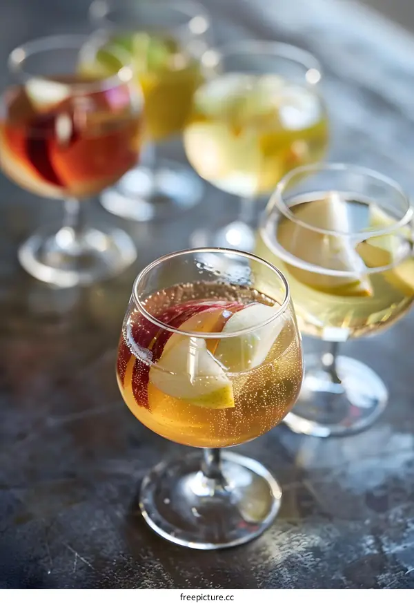Fresh Apple and Pear Slices in Sparkling Wine Glasses