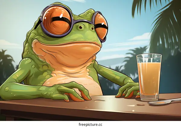 A green frog wearing sunglasses is sitting at a bar with a glass of orange juice.