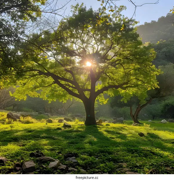 Sunlight Through The Tree Branches In A Lush Green Forest