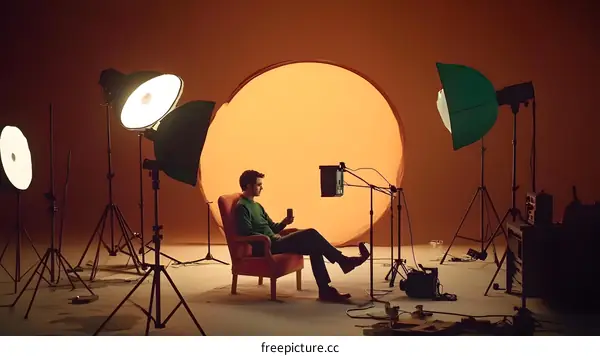 Man Sitting in a Chair in a Studio with Lighting Equipment
