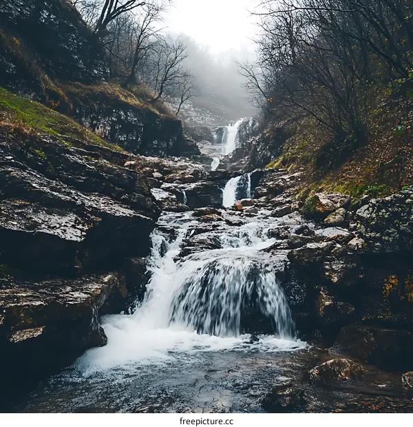 Misty Waterfall Flowing Through Rocks