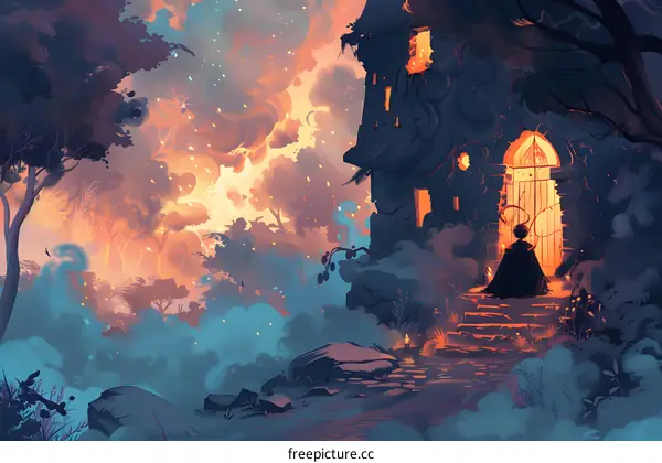 Mysterious Figure Standing Before Old Doorway In Fantasy Setting