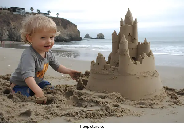 Little Kid Building Sandcastle On Beach