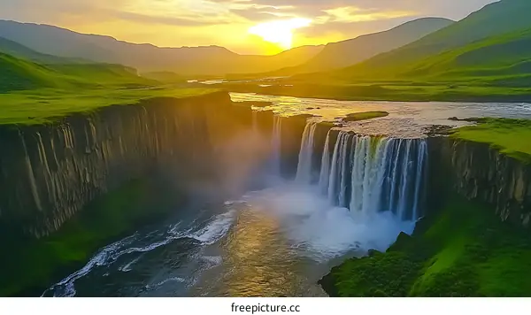 Majestic Waterfall at Sunrise in a Scenic Valley