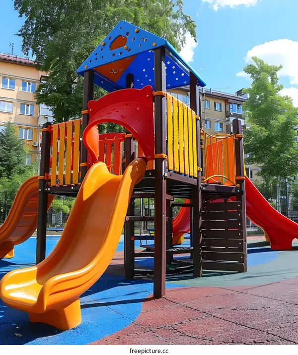 Colorful Playground Equipment with a Slide