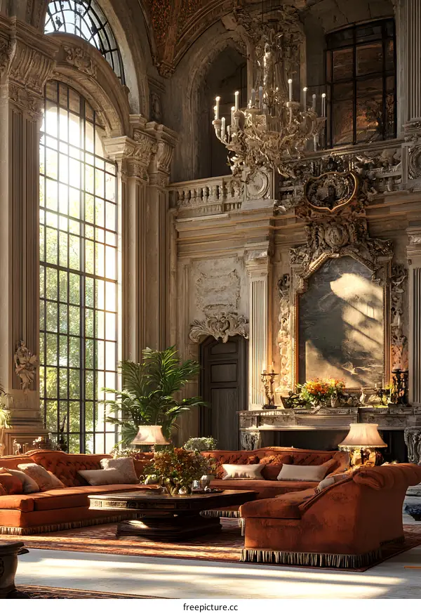 Sunlight Streaming Through Large Windows in a Luxurious Grand Hall