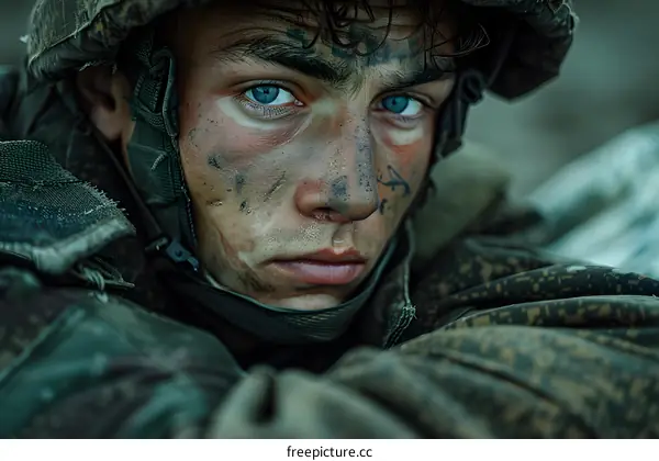 Portrait of a young soldier with blue eyes and a dirty face