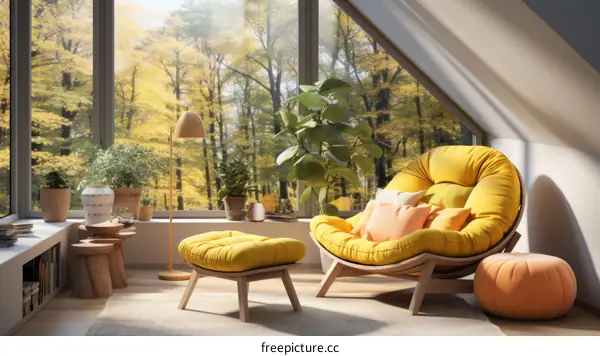 A cozy living space with a large window looking out onto a beautiful fall forest