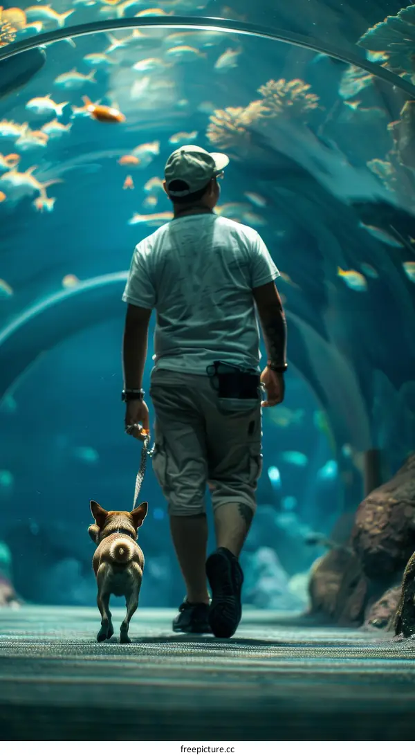 Man walking his dog in an aquarium tunnel