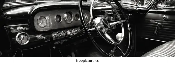 Vintage Car Dashboard Interior Classic Black and White
