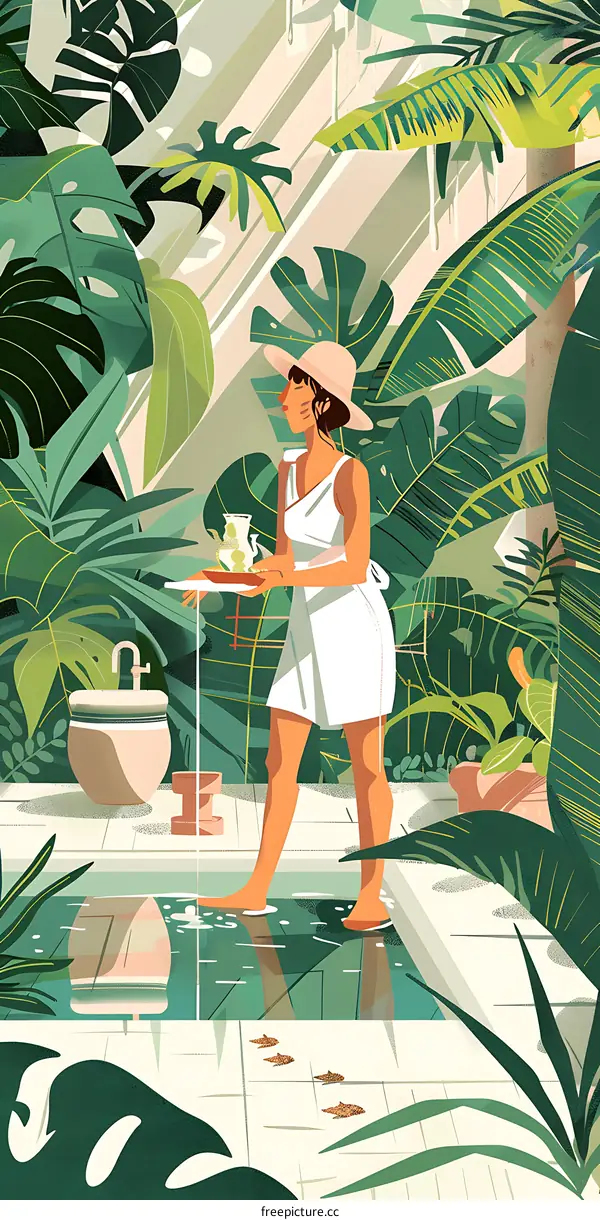 Woman in White Dress Walks Through Tropical Garden with Teapot