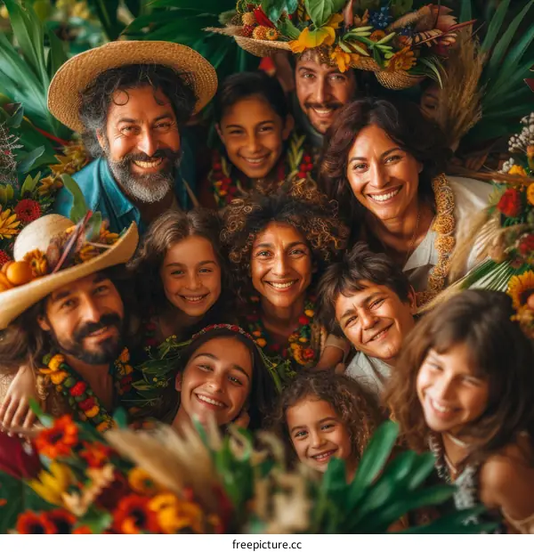 Happy multigenerational family wearing straw hats and flower leis