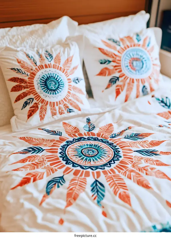 White Bedding with Orange and Blue Floral Design