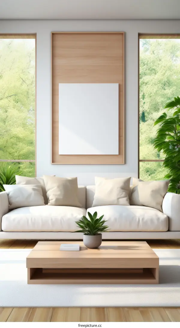 A bright and airy living room with a large window and a white sofa