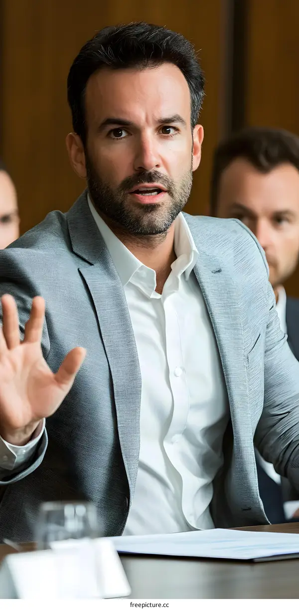 Businessman in a Gray Suit with White Shirt Talking at a Meeting