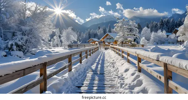 Wooden bridge in a snowy forest