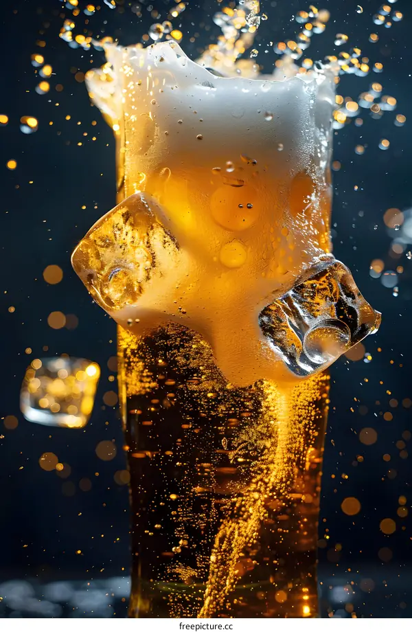 Closeup Of Beer With Ice And Bubbles