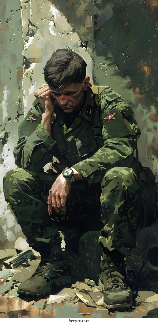 The Soldier Sits With His Head In His Hands, Feeling The Weight Of The World
