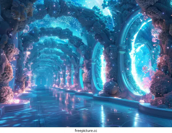 Fantasy Landscape with Glowing Blue Arches and Coral