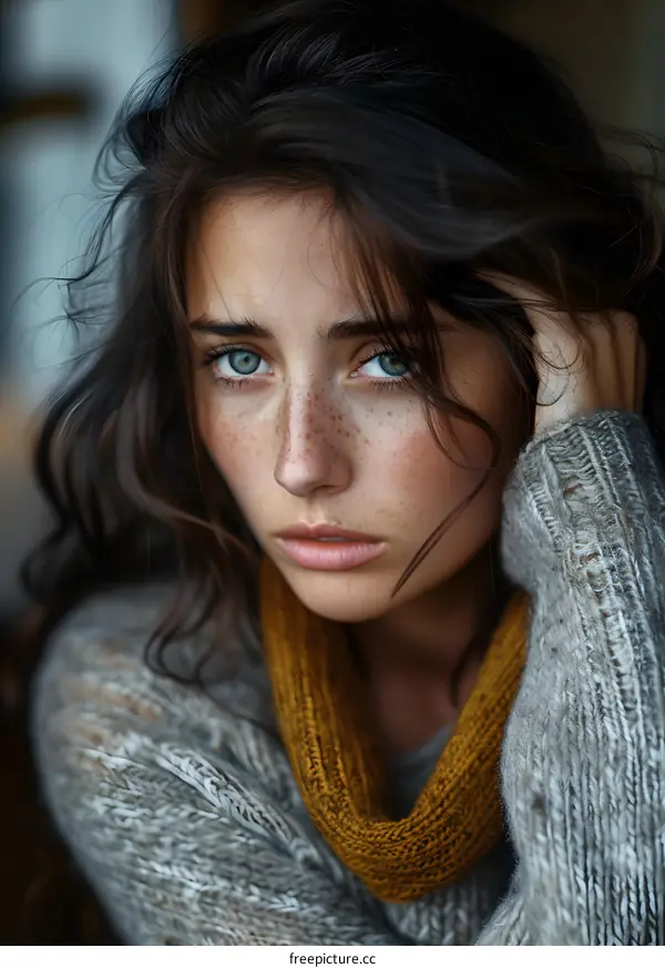 Portrait of a Young Woman with Freckles and Blue Eyes