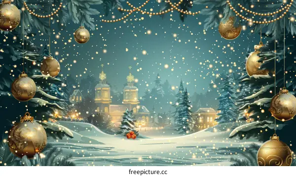 Snowy Christmas Village in the Winter Night