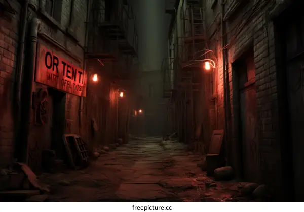 A dark and dirty alleyway with red lights