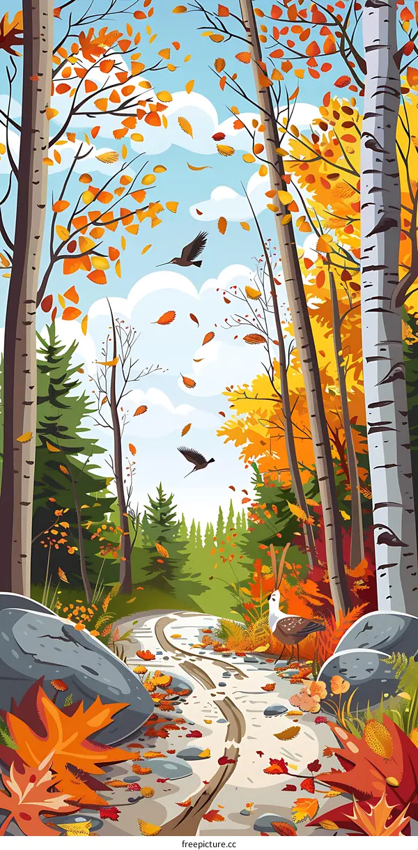 Autumn Forest Trail with Falling Leaves