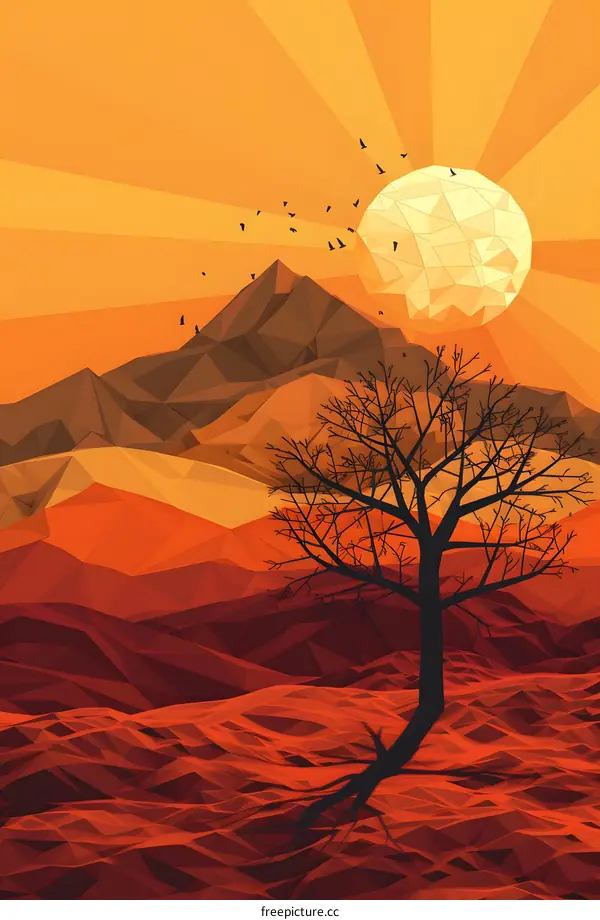 Low Poly Sunset Mountain Landscape with Silhouette Tree and Birds