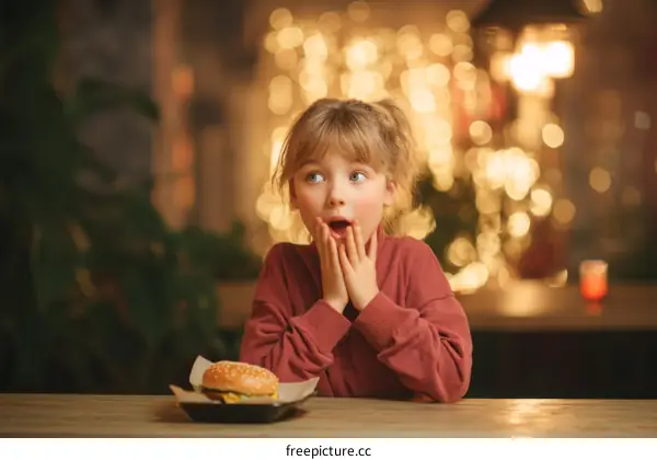 Surprised Girl Eating a Burger in a Cozy Restaurant