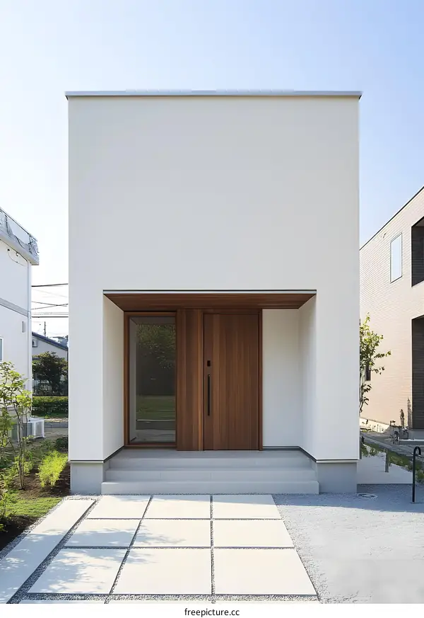 Modern Minimalist Japanese House Exterior Design with White Walls and Wooden Door