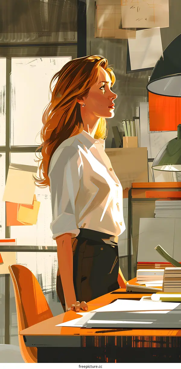 A woman standing in an office looking out the window