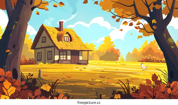 Autumn Landscape With a Small House and Bird