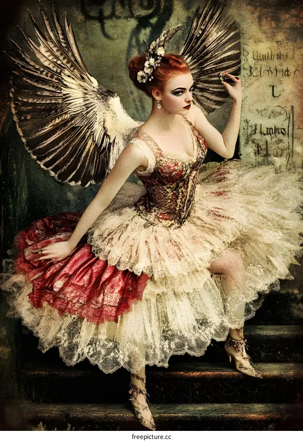 Angel with Wings and Red Dress on a Staircase