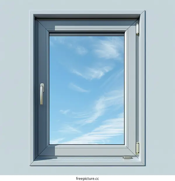 Gray Window Frame with Blue Sky and White Clouds