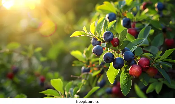 Close Up of Blueberries on a Branch with Sun Flare