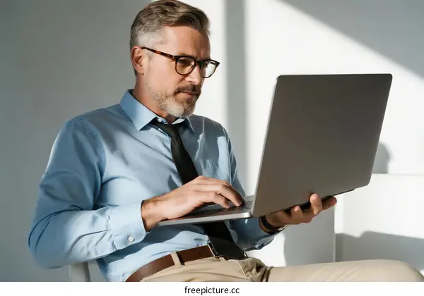 Business man using laptop for work in modern office