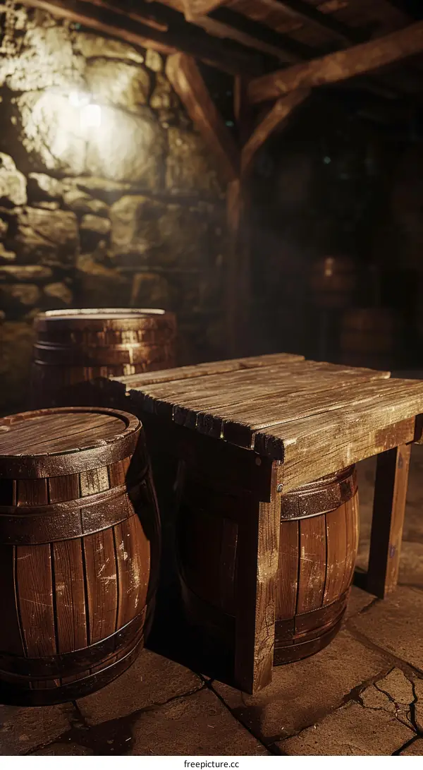 Rustic wooden barrels and table in a dimly lit tavern